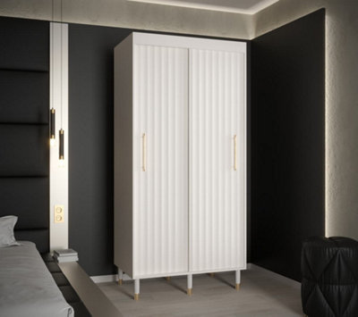 Calipso Wave I Contemporary 2 Sliding Door Wardrobe Gold Handles 5 Shelves 2 Hanging Rails White (H)2080mm (W)1000mm (D)620mm