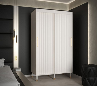 Calipso Wave I Contemporary 2 Sliding Door Wardrobe Gold Handles 5 Shelves 2 Hanging Rails White (H)2080mm (W)1200mm (D)620mm