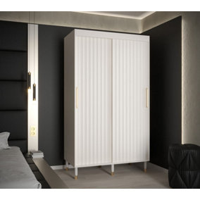 Calipso Wave I Contemporary 2 Sliding Door Wardrobe Gold Handles 5 Shelves 2 Hanging Rails White (H)2080mm (W)1200mm (D)620mm