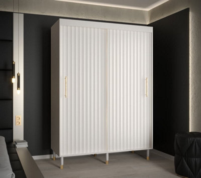 Calipso Wave I Contemporary 2 Sliding Door Wardrobe Gold Handles 5 Shelves 2 Hanging Rails White (H)2080mm (W)1500mm (D)620mm