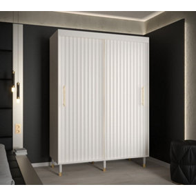 Calipso Wave I Contemporary 2 Sliding Door Wardrobe Gold Handles 5 Shelves 2 Hanging Rails White (H)2080mm (W)1500mm (D)620mm