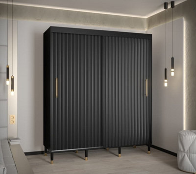 Calipso Wave I Contemporary 2 Sliding Door Wardrobe Gold Handles 9 Shelves 2 Hanging Rails Black (H)2080mm (W)1800mm (D)620mm