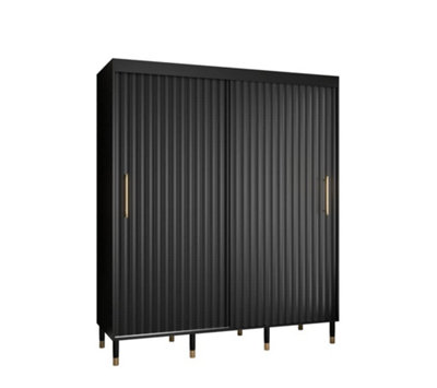 Calipso Wave I Contemporary 2 Sliding Door Wardrobe Gold Handles 9 Shelves 2 Hanging Rails Black (H)2080mm (W)1800mm (D)620mm
