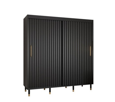 Calipso Wave I Contemporary 2 Sliding Door Wardrobe Gold Handles 9 Shelves 2 Hanging Rails Black (H)2080mm (W)2000mm (D)620mm