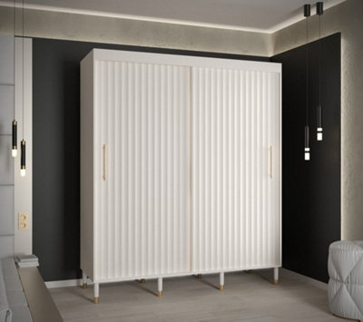 Calipso Wave I Contemporary 2 Sliding Door Wardrobe Gold Handles 9 Shelves 2 Hanging Rails White (H)2080mm (W)1800mm (D)620mm