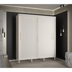 Calipso Wave I Contemporary 2 Sliding Door Wardrobe Gold Handles 9 Shelves 2 Hanging Rails White (H)2080mm (W)1800mm (D)620mm