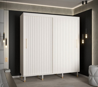 Calipso Wave I Contemporary 2 Sliding Door Wardrobe Gold Handles 9 Shelves 2 Hanging Rails White (H)2080mm (W)2000mm (D)620mm