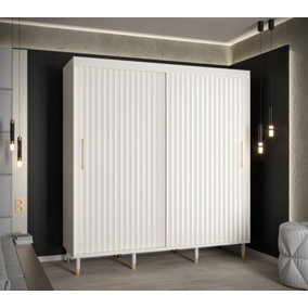 Calipso Wave I Contemporary 2 Sliding Door Wardrobe Gold Handles 9 Shelves 2 Hanging Rails White (H)2080mm (W)2000mm (D)620mm