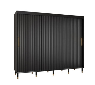 Calipso Wave II Contemporary 2 Sliding Door Wardrobe Gold Handles 9 Shelves 2 Hanging Rails Black (H)2080mm (W)2500mm (D)620mm
