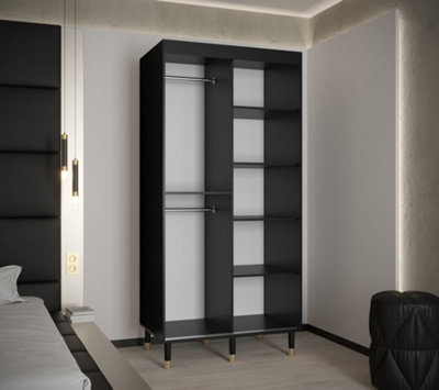 Calipso Wave II Modern Mirrored 2 Sliding Door Wardrobe Gold Handles 5 Shelves 2 Rails Black (H)2080mm (W)1000mm (D)620mm