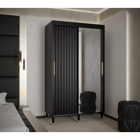 Calipso Wave II Modern Mirrored 2 Sliding Door Wardrobe Gold Handles 5 Shelves 2 Rails Black (H)2080mm (W)1200mm (D)620mm