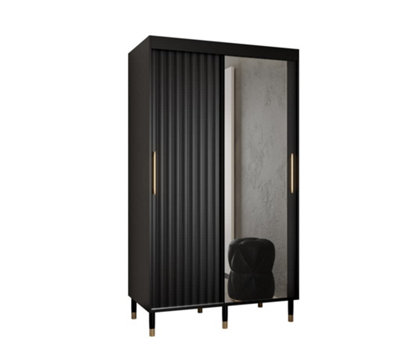 Calipso Wave II Modern Mirrored 2 Sliding Door Wardrobe Gold Handles 5 Shelves 2 Rails Black (H)2080mm (W)1200mm (D)620mm