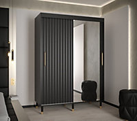 Calipso Wave II Modern Mirrored 2 Sliding Door Wardrobe Gold Handles 5 Shelves 2 Rails Black (H)2080mm (W)1500mm (D)620mm