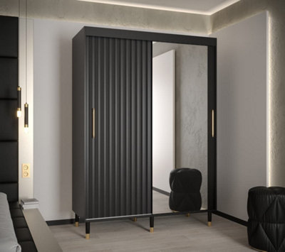 Calipso Wave II Modern Mirrored 2 Sliding Door Wardrobe Gold Handles 5 Shelves 2 Rails Black (H)2080mm (W)1500mm (D)620mm