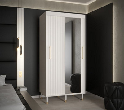 Calipso Wave II Modern Mirrored 2 Sliding Door Wardrobe Gold Handles 5 Shelves 2 Rails White (H)2080mm (W)1000mm (D)620mm