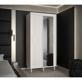 Calipso Wave II Modern Mirrored 2 Sliding Door Wardrobe Gold Handles 5 Shelves 2 Rails White (H)2080mm (W)1000mm (D)620mm