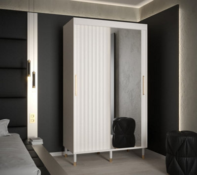 Calipso Wave II Modern Mirrored 2 Sliding Door Wardrobe Gold Handles 5 Shelves 2 Rails White (H)2080mm (W)1200mm (D)620mm