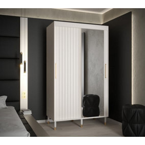 Calipso Wave II Modern Mirrored 2 Sliding Door Wardrobe Gold Handles 5 Shelves 2 Rails White (H)2080mm (W)1200mm (D)620mm