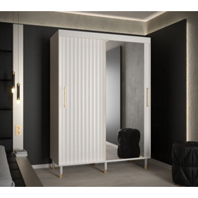 Calipso Wave II Modern Mirrored 2 Sliding Door Wardrobe Gold Handles 5 Shelves 2 Rails White(H)2080mm (W)1500mm (D)620mm