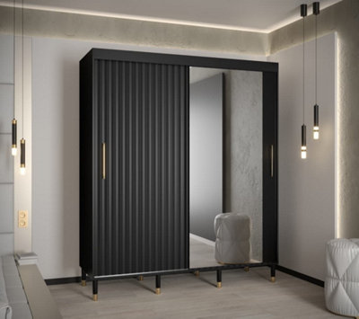 Calipso Wave II Modern Mirrored 2 Sliding Door Wardrobe Gold Handles 9 Shelves 2 Rails Black (H)2080mm (W)1800mm (D)620mm