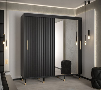 Calipso Wave II Modern Mirrored 2 Sliding Door Wardrobe Gold Handles 9 Shelves 2 Rails Black (H)2080mm (W)2000mm (D)620mm