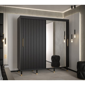 Calipso Wave II Modern Mirrored 2 Sliding Door Wardrobe Gold Handles 9 Shelves 2 Rails Black (H)2080mm (W)2000mm (D)620mm