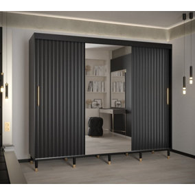 Calipso Wave II Modern Mirrored 2 Sliding Door Wardrobe Gold Handles 9 Shelves 2 Rails Black (H)2080mm (W)2500mm (D)620mm