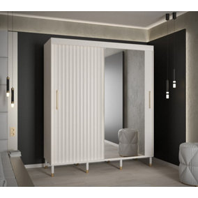Calipso Wave II Modern Mirrored 2 Sliding Door Wardrobe Gold Handles 9 Shelves 2 Rails White (H)2080mm (W)1800mm (D)620mm