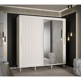 Calipso Wave II Modern Mirrored 2 Sliding Door Wardrobe Gold Handles 9 Shelves 2 Rails White (H)2080mm (W)2000mm (D)620mm