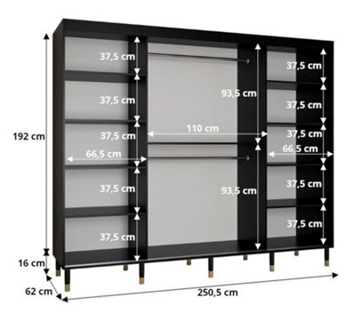Calipso Wave II Modern Mirrored 2 Sliding Door Wardrobe Gold Handles 9 Shelves 2 Rails White(H)2080mm (W)2500mm (D)620mm