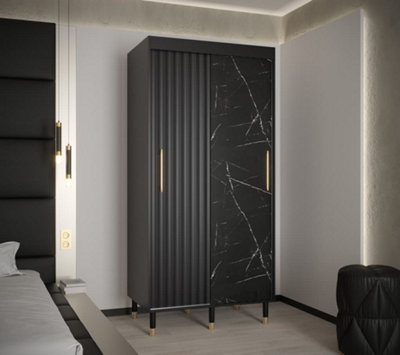 Calipso Wave Modern 2 Sliding Marble Effect Door Wardrobe Gold Handles 5 Shelves 2 Rails  Black (H)2080mm (W)1000mm (D)620mm