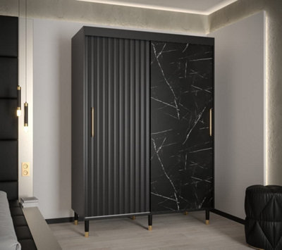 Calipso Wave Modern 2 Sliding Marble Effect Door Wardrobe Gold Handles 5 Shelves 2 Rails Black (H)2080mm (W)1500mm (D)620mm