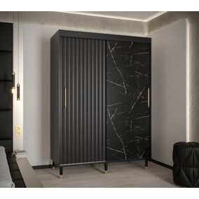 Calipso Wave Modern 2 Sliding Marble Effect Door Wardrobe Gold Handles 5 Shelves 2 Rails Black (H)2080mm (W)1500mm (D)620mm