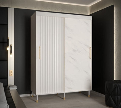 Calipso Wave Modern 2 Sliding Marble Effect Door Wardrobe Gold Handles 5 Shelves 2 Rails White (H)2080mm (W)1500mm (D)620mm