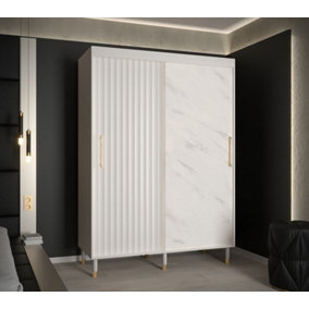 Calipso Wave Modern 2 Sliding Marble Effect Door Wardrobe Gold Handles 5 Shelves 2 Rails White (H)2080mm (W)1500mm (D)620mm