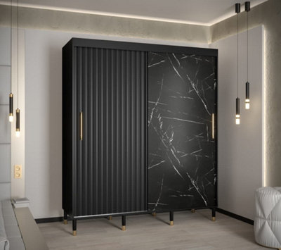 Calipso Wave Modern 2 Sliding Marble Effect Door Wardrobe Gold Handles 9 Shelves 2 Rails  Black (H)2080mm (W)1800mm (D)620mm