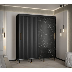 Calipso Wave Modern 2 Sliding Marble Effect Door Wardrobe Gold Handles 9 Shelves 2 Rails  Black (H)2080mm (W)1800mm (D)620mm