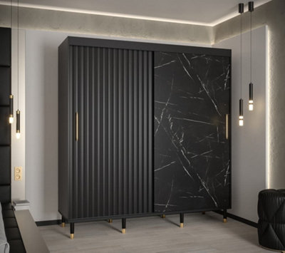 Calipso Wave Modern 2 Sliding Marble Effect Door Wardrobe Gold Handles 9 Shelves 2 Rails Black (H)2080mm (W)2000mm (D)620mm