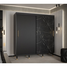 Calipso Wave Modern 2 Sliding Marble Effect Door Wardrobe Gold Handles 9 Shelves 2 Rails Black (H)2080mm (W)2000mm (D)620mm