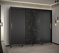 Calipso Wave Modern 2 Sliding Marble Effect Door Wardrobe Gold Handles 9 Shelves 2 Rails Black (H)2080mm (W)2500mm (D)620mm
