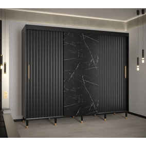 Calipso Wave Modern 2 Sliding Marble Effect Door Wardrobe Gold Handles 9 Shelves 2 Rails Black (H)2080mm (W)2500mm (D)620mm