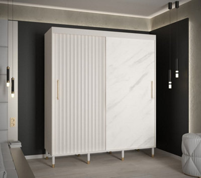 Calipso Wave Modern 2 Sliding Marble Effect Door Wardrobe Gold Handles 9 Shelves 2 Rails White (H)2080mm (W)1800mm (D)620mm