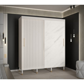 Calipso Wave Modern 2 Sliding Marble Effect Door Wardrobe Gold Handles 9 Shelves 2 Rails White (H)2080mm (W)1800mm (D)620mm