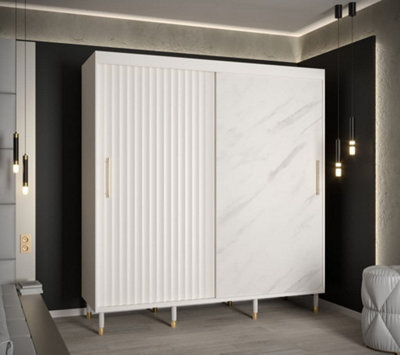 Calipso Wave Modern 2 Sliding Marble Effect Door Wardrobe Gold Handles 9 Shelves 2 Rails White (H)2080mm (W)2000mm (D)620mm