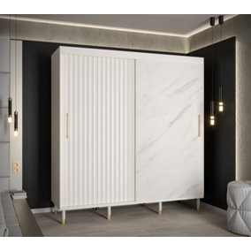 Calipso Wave Modern 2 Sliding Marble Effect Door Wardrobe Gold Handles 9 Shelves 2 Rails White (H)2080mm (W)2000mm (D)620mm