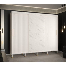Calipso Wave Modern 2 Sliding Marble Effect Door Wardrobe Gold Handles 9 Shelves 2 Rails White (H)2080mm (W)2500mm (D)620mm