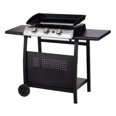 Callow 1003+stand Black Gas BBQ 3 Burner Plancha in Standless Steel with Stand and Side Tables