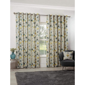 Camarillo Chartreuse Floral Fully Lined Eyelet Curtains