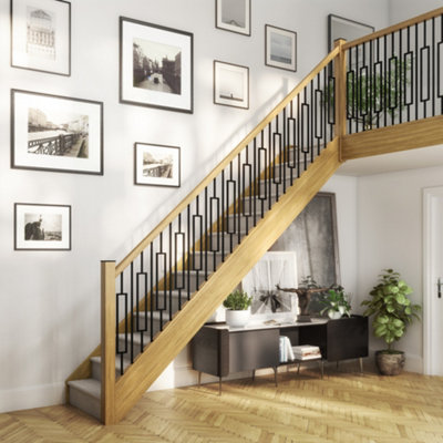 Cambridge Black Metal Rails Oak Grooved Handrail and Base Rail Set For ...
