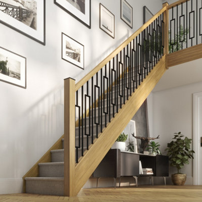 Cambridge Black Metal Rails Oak Grooved Handrail and Base Rail Set For ...